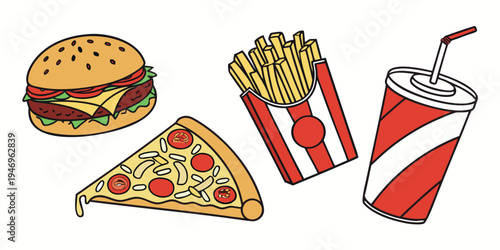 A colorful illustration of a hamburger, pizza slice, french fries, and soda on a, depicting a classic fast food meal