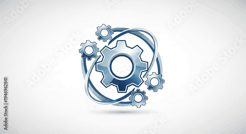 Stylized blue gears, varying sizes, rotating within abstract orbital lines on a light grey background