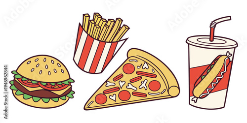 A colorful illustration of a hamburger, french fries, pizza slice, and soda cup with straw