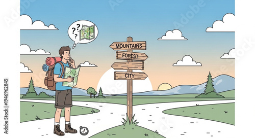 Man standing at crossroads sign.