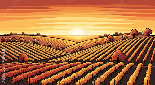 Pixel art vineyard at sunset, with rows of orange and yellow grapevines under a vibrant sky