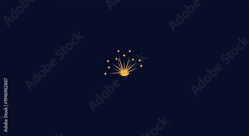Stylized yellow burst of light with radiating dots against a dark blue background, minimalist illustration