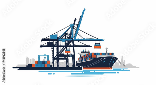 An illustrative scene of a large cargo ship being loaded by gantry cranes at a bustling port terminal