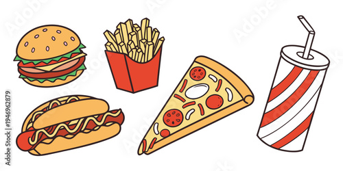 A colorful illustration of various fast food items including a hamburger, hot dog, french fries, pizza slice, and soda