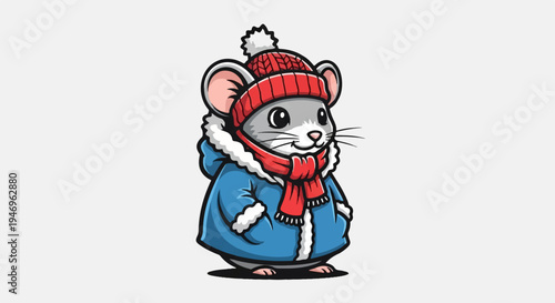 Cartoon mouse character wearing a red knitted hat, matching scarf, and a warm blue winter coat