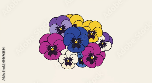 A vibrant cluster of cartoon-style pansy flowers in purple, yellow, blue, and white against a light background