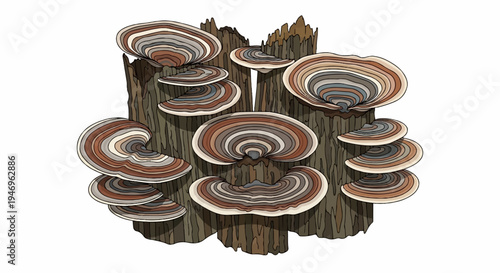 Illustration of a cluster of brown and gray banded shelf fungi growing on a textured tree stump