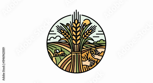 Illustration of a bountiful wheat harvest in a field with a tractor and hands, under a stylized sun