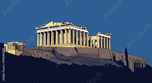 Stylized illustration of ancient temples atop a rugged hill against a deep blue sky