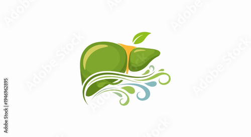 Stylized green liver with a fresh leaf on top, surrounded by flowing green and blue organic wave patterns