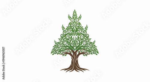 Stylized green tree with intricate swirling leaf patterns and a strong brown trunk on a white background