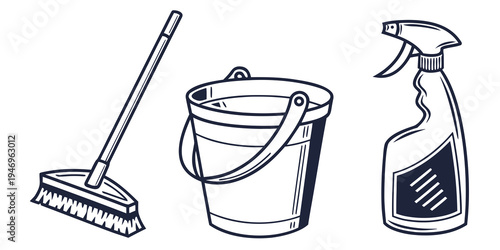 Cleaning tools and supplies including a broom bucket and spray bottle on a for organization and housekeeping tasks
