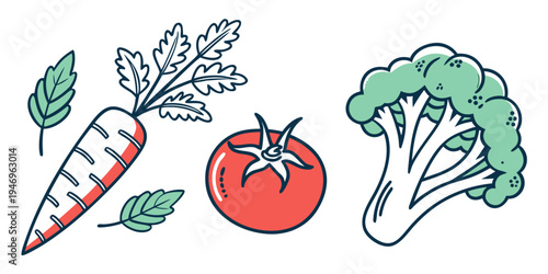 Colorful illustration of broccoli, tomato, and carrot