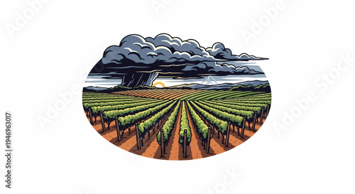 Pixel art vineyard with rows of grapevines under a stormy sky, distant mountain, and setting sun