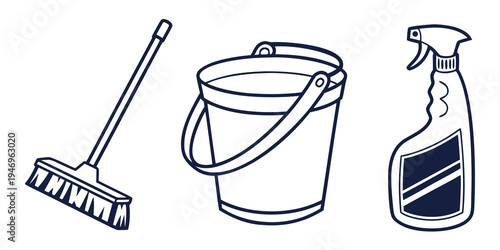 Cleaning tools and supplies including a broom bucket and spray bottle