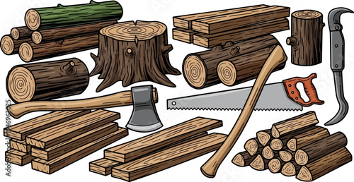 An illustration featuring a collection of cut wood, lumber, a tree stump, an axe, a saw, and a log hook