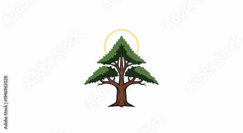 A stylized tree with lush green foliage and a sturdy brown trunk, topped with a subtle golden halo
