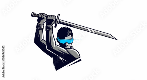 A futuristic warrior in goggles, holding a sword ready to strike, depicted in a dynamic esports logo style