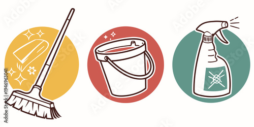 Colorful icons of cleaning tools on including a broom, bucket, and spray bottle