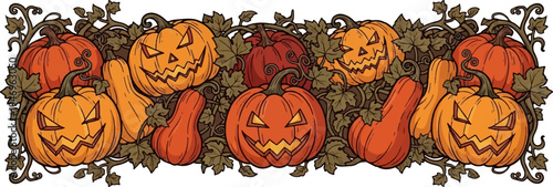 Ornate autumn border of carved jack-o'-lanterns, pumpkins, gourds, and leafy vines on a white background
