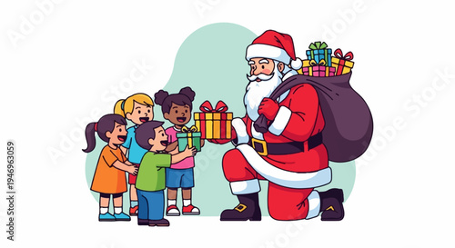 Santa-like figure kneeling, giving colorful gifts to a joyful group of diverse children. Festive illustration