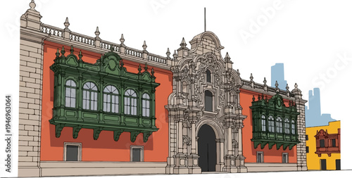 Stylized illustration of an ornate colonial-style building with a grand entrance and prominent green wooden balconies