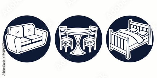 Vector icons of furniture including a sofa, table with chairs, and bed