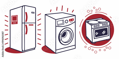 Vector illustration of household appliances including refrigerator washing machine and microwave oven