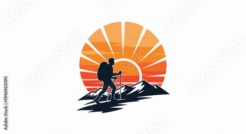 Silhouette of a hiker with a backpack and poles against mountains and a vibrant sunburst