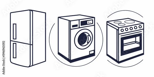 Black and white line drawing of a refrigerator, washing machine, and oven