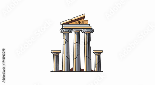 An aged, stylized illustration of five ancient Greek temple columns, three tall and two short, on white background