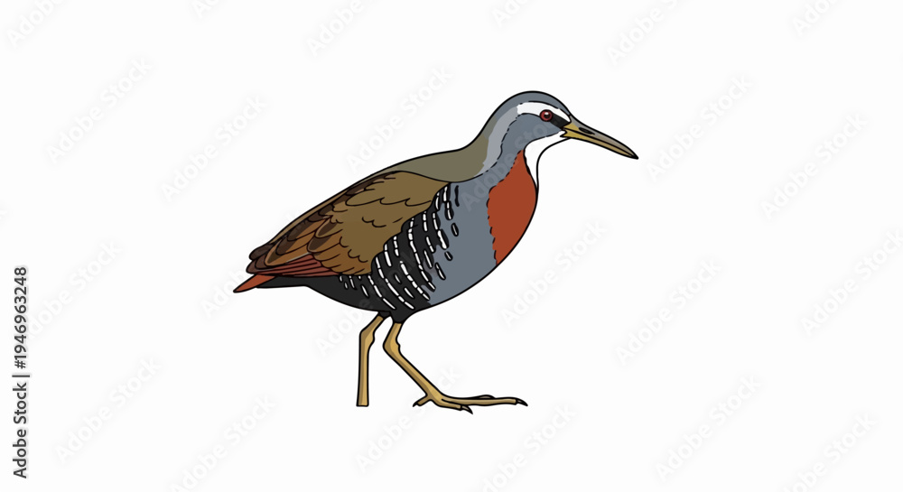 Obraz premium Illustration of a bird with brown wings, grey body, orange chest, and light brown legs on a white background