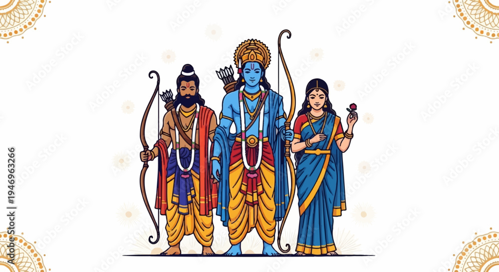 Obraz premium Three figures in traditional attire a blue-skinned man with a crown, another man with a bow, and a woman with a flower