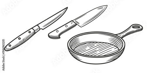 A black and white line drawing of a frying pan and two kitchen knives
