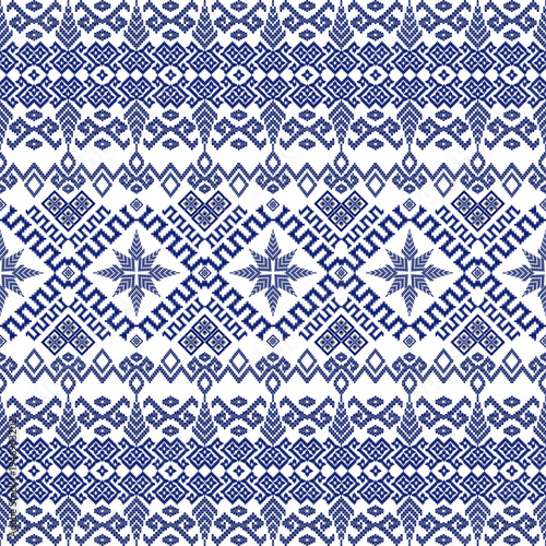 Seamless Geometric Ethnic Pattern with Blue and White Horizontal Borders and Star Motifs