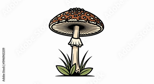 A cartoon mushroom with a spotted brown cap and ringed stem, growing in green grass on white
