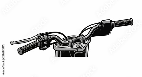 Close-up, top-down view of motorcycle handlebars, rendered in a monochrome, graphic style illustration