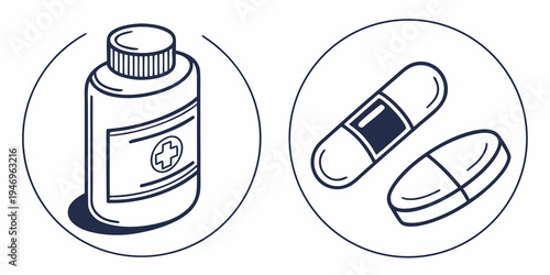 Black and white line drawing of a medicine bottle and pills