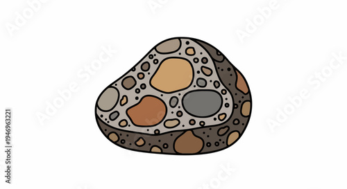 Cartoon style drawing of a natural river stone featuring multiple colorful rock fragments, isolated on white