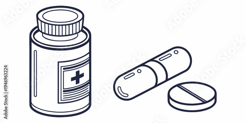 Black and white line drawing of a medicine bottle with a capsule and tablet
