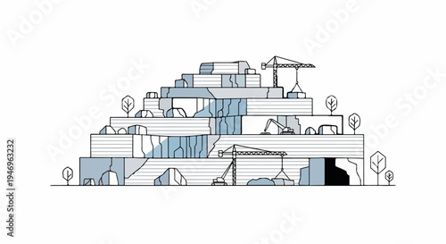 Layered construction site or quarry illustration with cranes, excavator, rocks, and trees, minimalist style