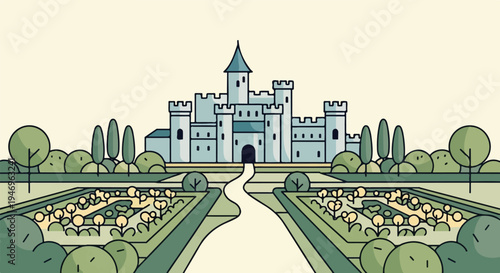 A charming illustration of a grand castle with intricate gardens, paths, and various trees