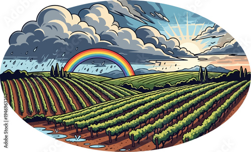 Pixel art illustration of a vineyard under changing weather, with rain, a rainbow, and a setting sun