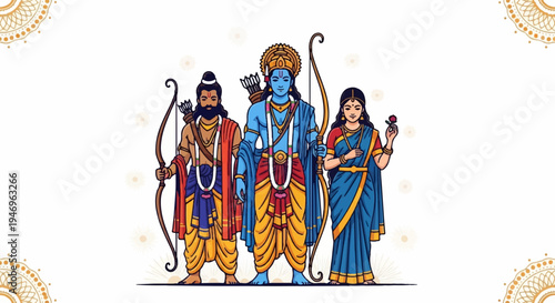 Three figures in traditional attire a blue-skinned man with a crown, another man with a bow, and a woman with a flower