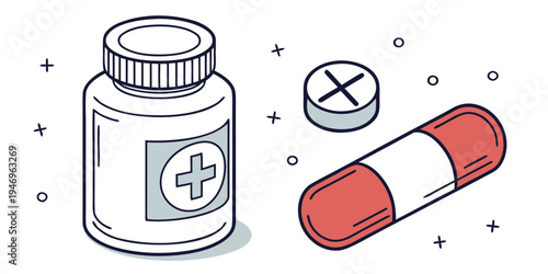 Medical bottle and pills on for health and pharmacy concepts