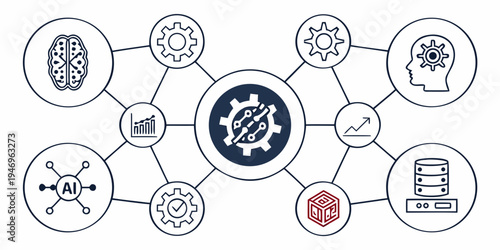 A diagram showing various gears and icons connected to a central gear with a brain and lightbulb representing innovation and technology concepts