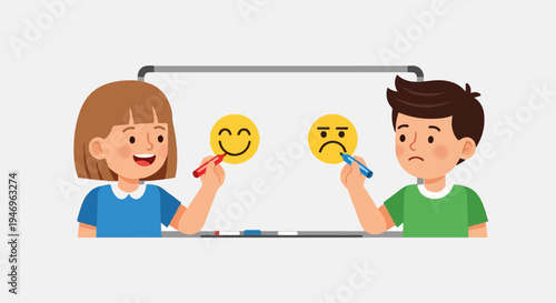 Two diverse children drawing happy and sad emojis on a whiteboard, expressing emotions in a learning setting