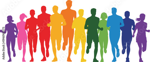 Colorful, running, people, silhouette, group, marathon, fitness, sport, runners, exercise, healthy, lifestyle, teamwork, race, activity, training, jogging, energy, vector, illustration