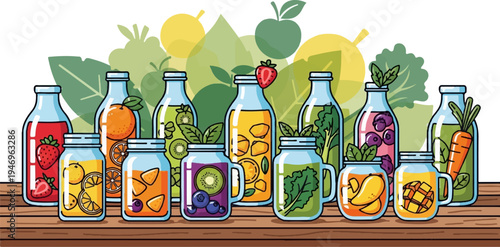 A vibrant illustration of various fruit and vegetable juices in bottles and jars on wood, with a leafy background