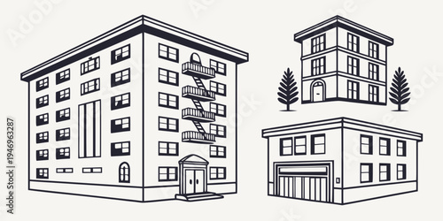 A black and white line drawing of three different apartment building styles with various architectural features